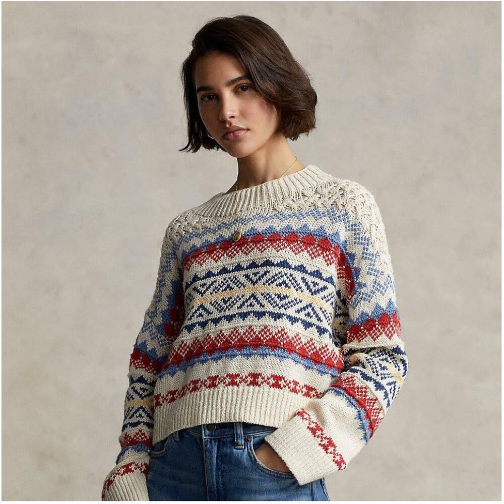 NEW Polo Ralph Lauren Nordic Fair Isle Cotton-Linen Sweater Crop Slouchy Sz XXL